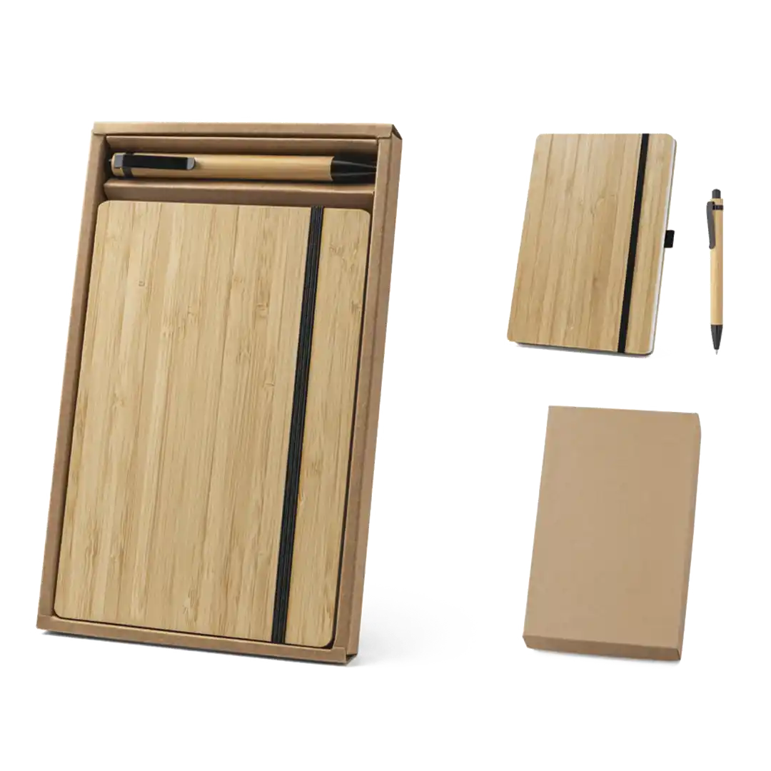 Conjunto de caderno A5 e caneta em bambu