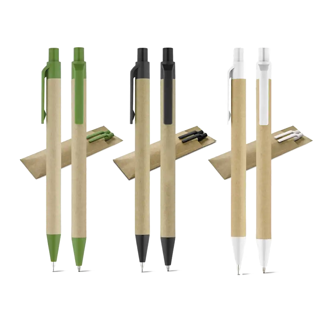 Conjunto de caneta com escrita em azul e lapiseira em papel kraft