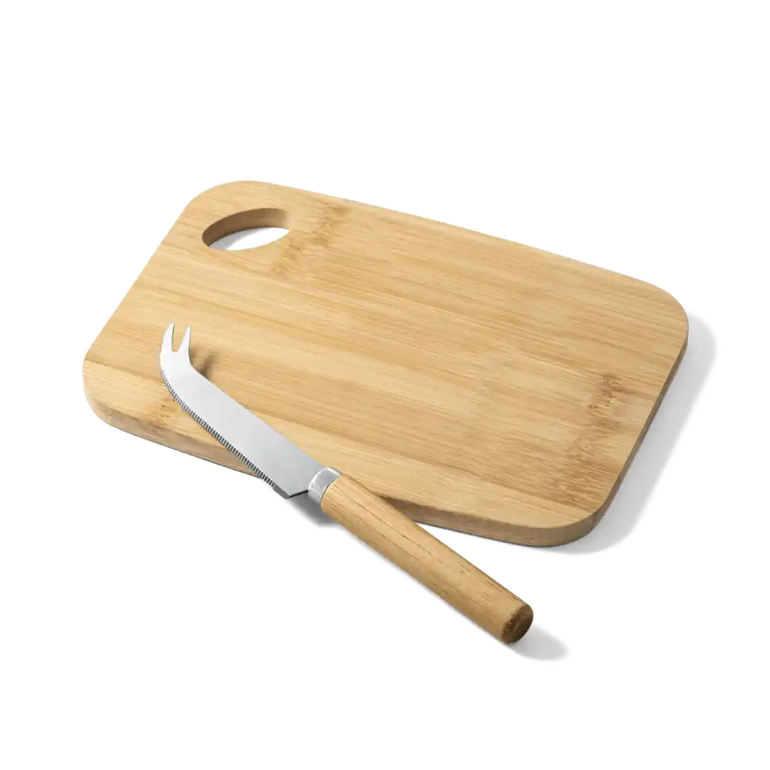 Conjunto de tábua de corte e pequena faca de queijo em bambu