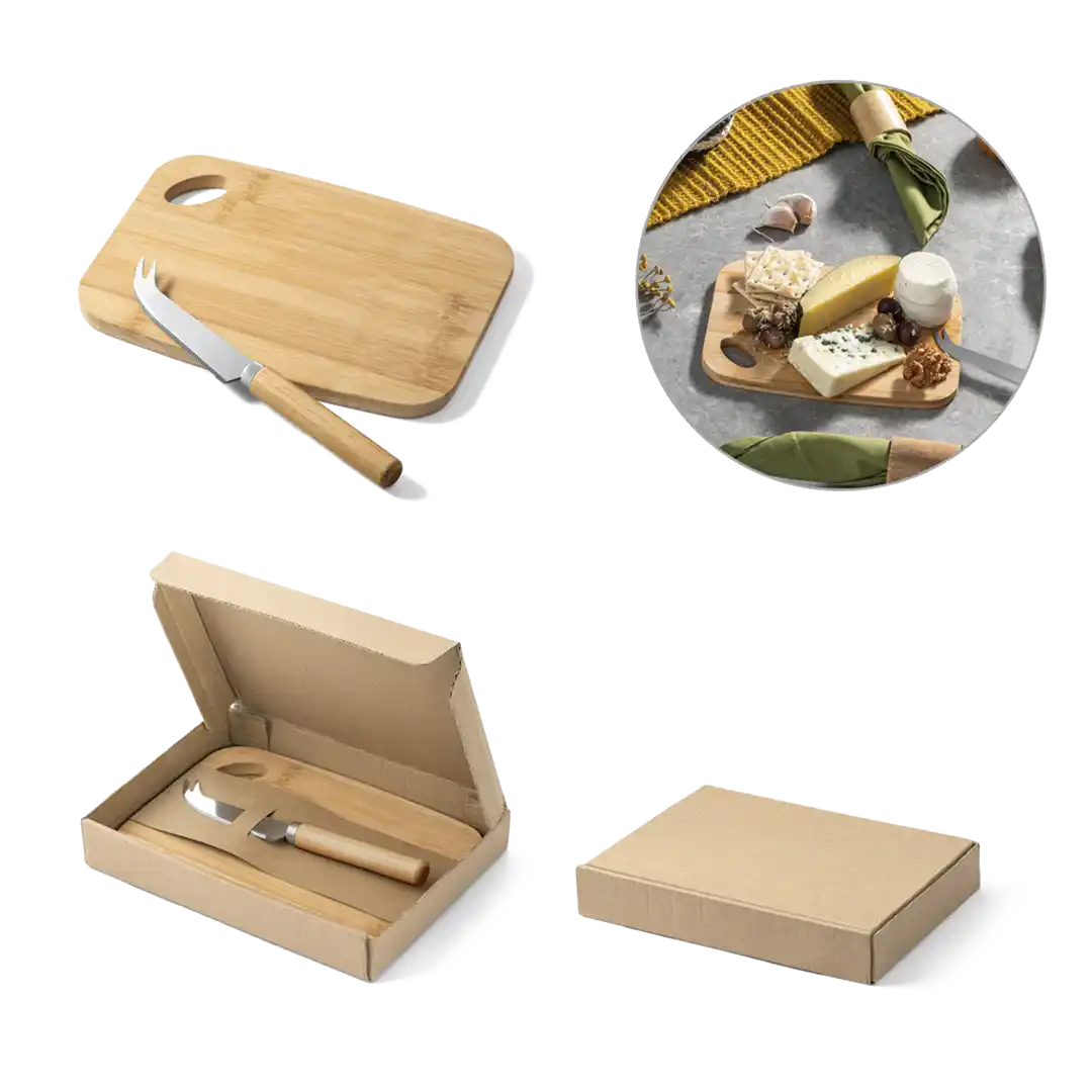 Conjunto de tábua de corte e pequena faca de queijo em bambu