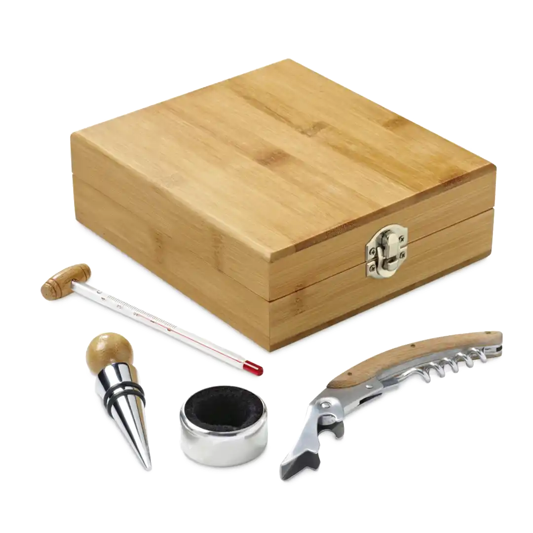 Conjunto para vinho em bambu e zinco