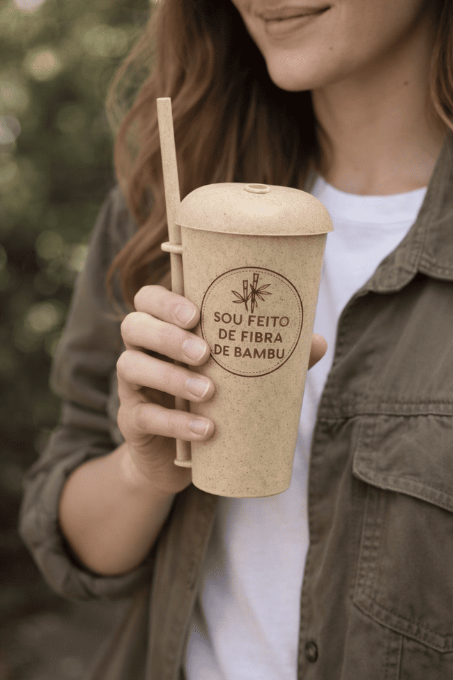 Copo Fibra de Bambu 500 ml Tampa e Canudo