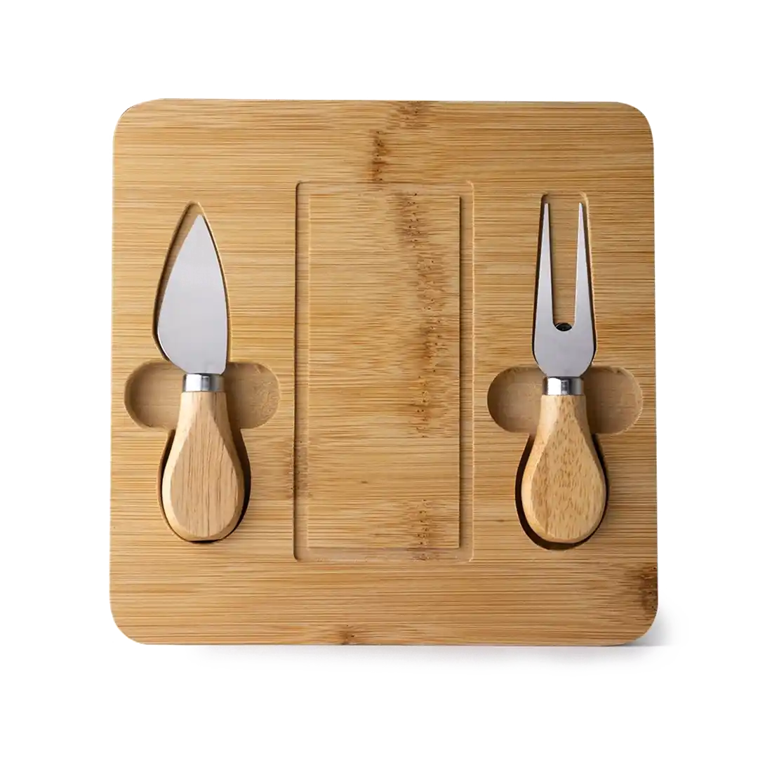 Kit Queijo com tábua de bambu com canaleta, faca com ponta e garfo