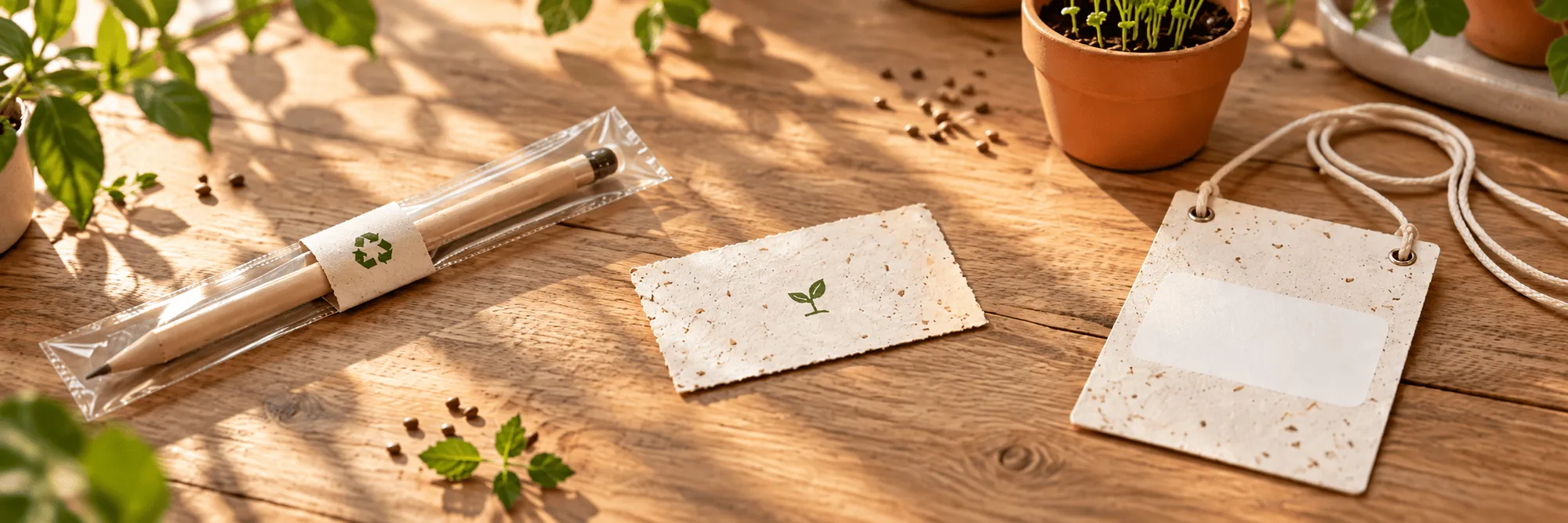 Mesa de madeira ao sol com lápis semente selado na embalagem, convite de papel semente e crachá de papel semente com barbante
